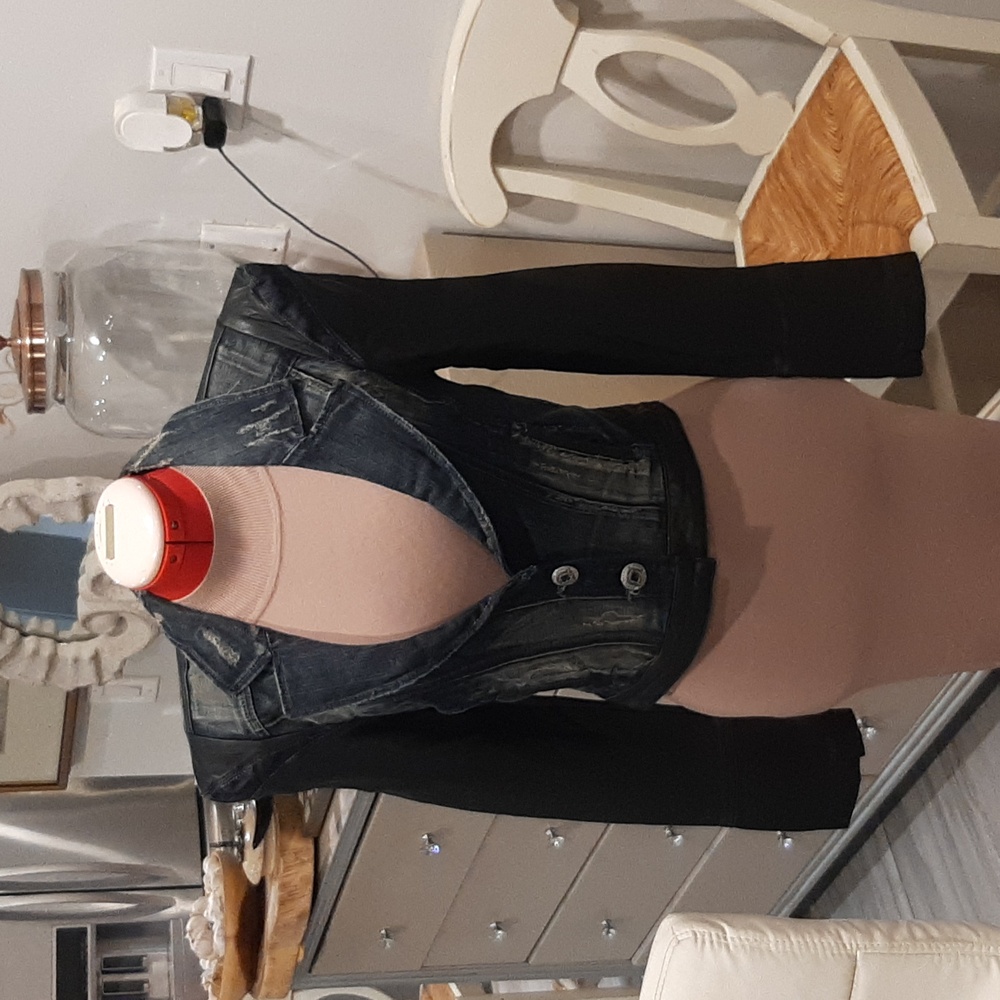 Cropped Two-Tone Denim and Faux Leather Jacket - Black